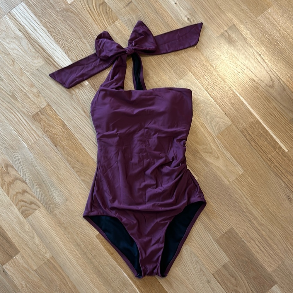 Chelsea28 maroon one-piece bathing suit with bow
